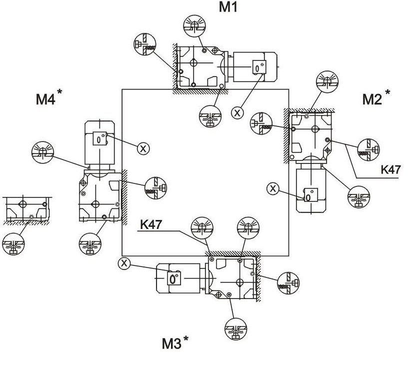 Условное обозначение м-редукторов коническо-цилиндрических  K, KA, KF, KAF